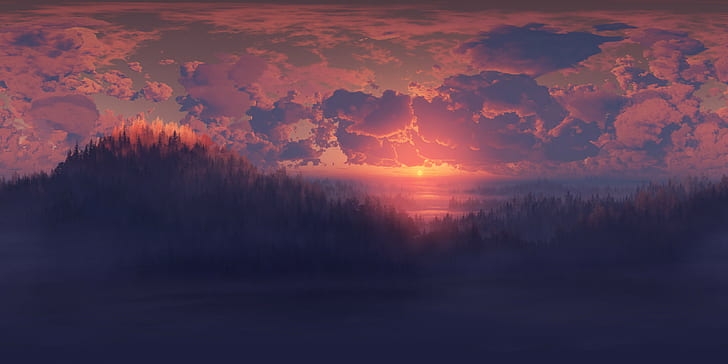 artwork, digital art, sunset, clouds, landscape, dark, sky, HD wallpaper
