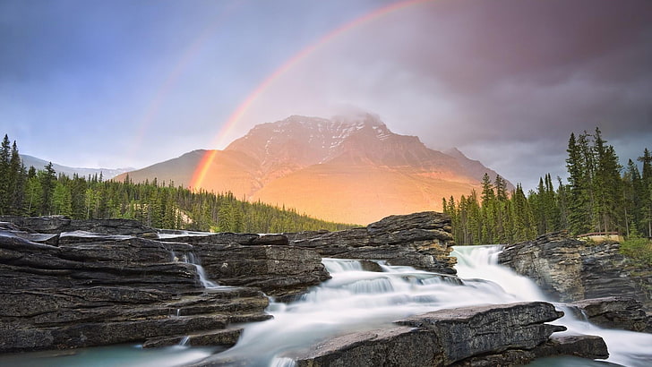 nature, wilderness, rainbow, water, sky, reflection, mountain
