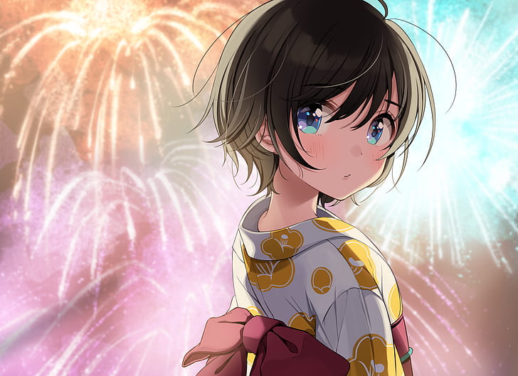 aqua eyes, blushing, brunette, fireworks, Japanese clothes