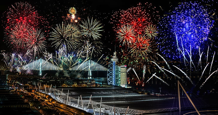 Photography, Fireworks, Lisbon, New Year, Night, Portugal, bridge Vasco da Gama