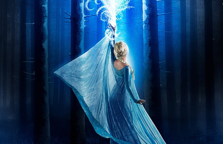 Disney Frozen Queen Elsa, girl, ice, forest, magic, long hair