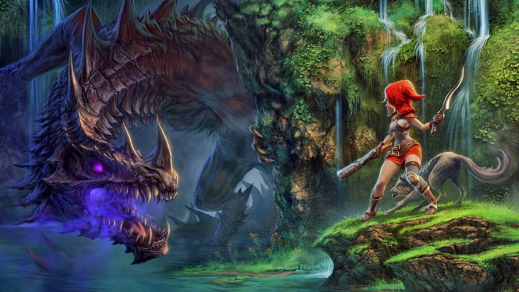 dragon, fantasy art, Little Red Riding Hood, water, real people