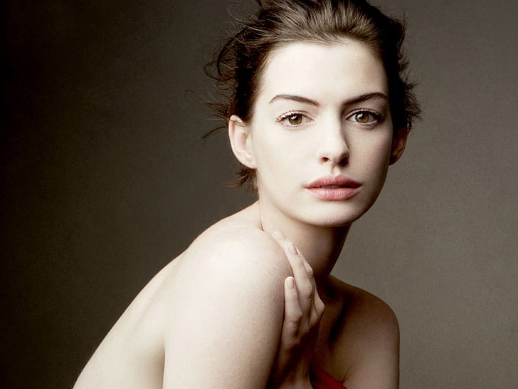 HD wallpaper: Anne Hathaway, portrait, headshot, looking at camera