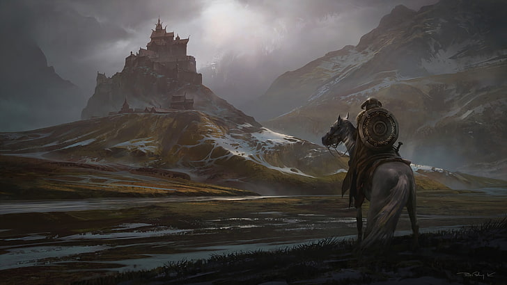 person riding horse near mountain castle digital wallpaper, The Elder Scrolls V: Skyrim