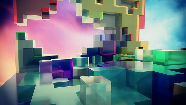abstract voxels cube, multi colored, reflection, geometric shape, HD wallpaper