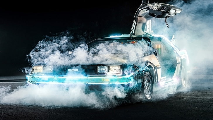 movies, Back to the Future, time travel, DeLorean, smoke, car