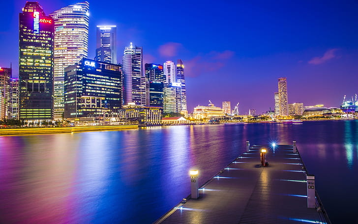 Singapore, Asia city, night, dock, skyscrapers, lights, HD wallpaper