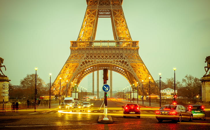 machine, France, Paris, the evening, lighting, lights, Eiffel tower, HD wallpaper