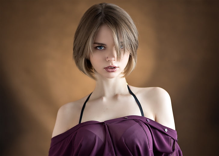 women's purple top, blonde, blue eyes, see-through clothing, short hair