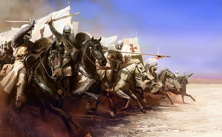 weapons, attack, horse, armor, flag, Templar, Knight, HD wallpaper