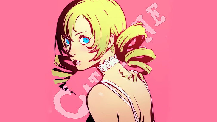 yellow-haired female wearing choker character digital wallpaper