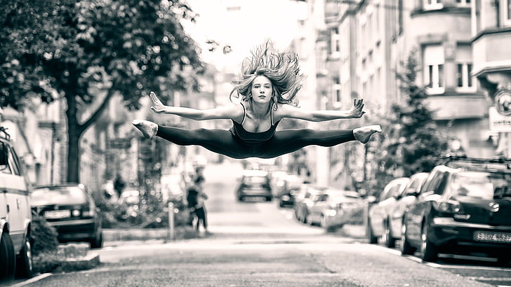 monochrome, women, dancer, flexible, splits, women outdoors