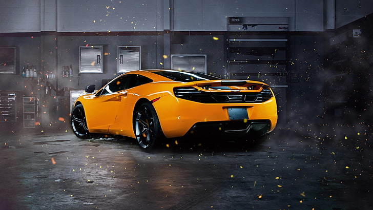 yellow luxury car, McLaren, McLaren MP4-12C, orange, effects