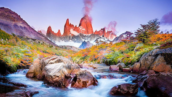 high mountain, stream, patagonia, argentina, chile, peak, river