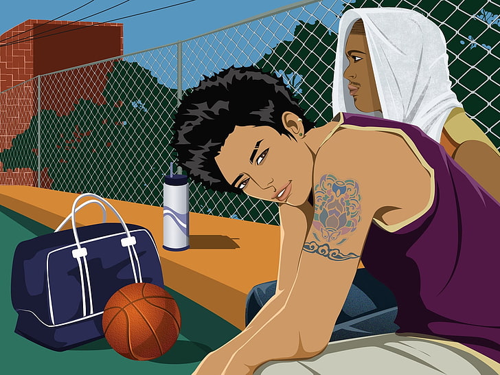 man wearing purple tank top illustration, young, basketball players