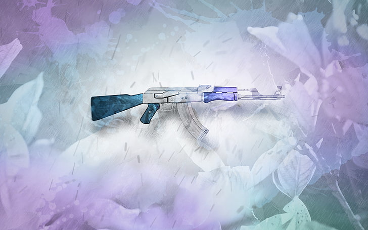 Zomb, rifles, AK 47, white, colorful, simple, flowers, render