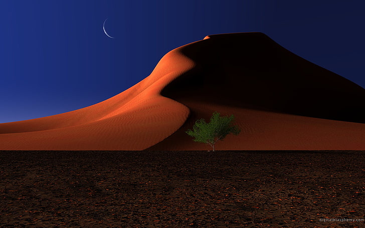 red and black plastic bed frame, desert, Moon, night, trees, dune, HD wallpaper