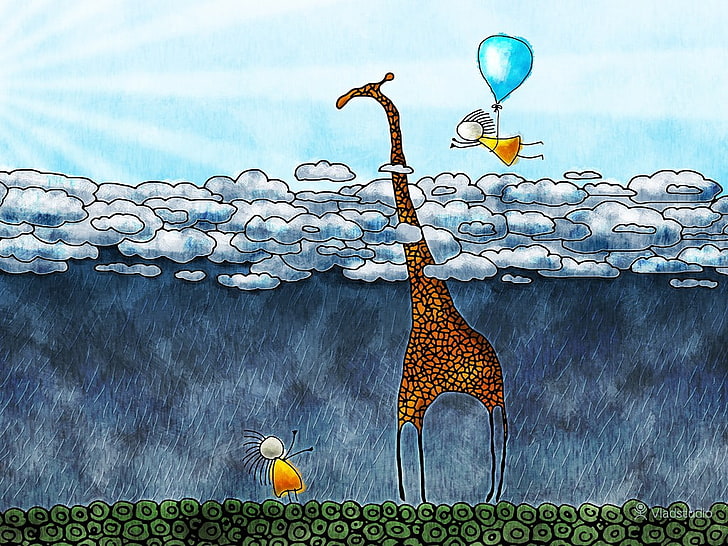 artwork, anime, clouds, balloon, giraffes, rain, nature, animals, HD wallpaper