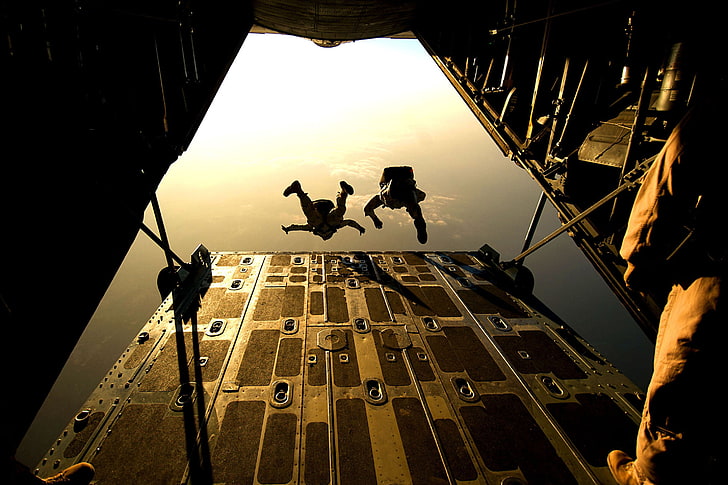 two persons black uniform, skydiving, military, military aircraft