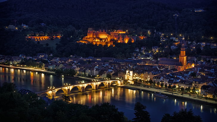 heidelberg castle, night, germany, europe, cityscape, bridge, HD wallpaper