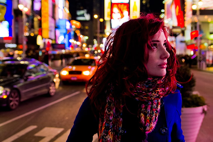 Susan Coffey, model, redhead, women, city, illuminated, night