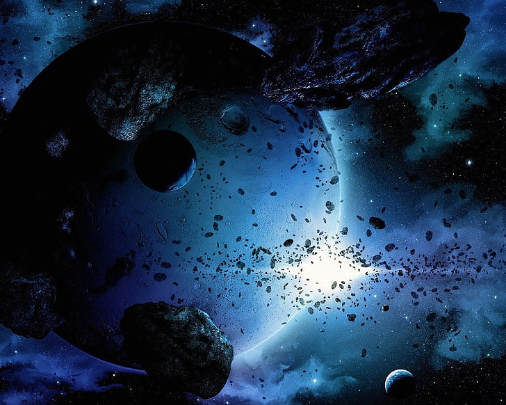 blue planet with asteroids digital wallpaper, space, water, sea
