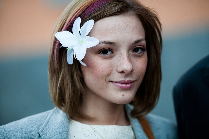 Olga Kobzar, flower in hair, freckles, looking at viewer, women