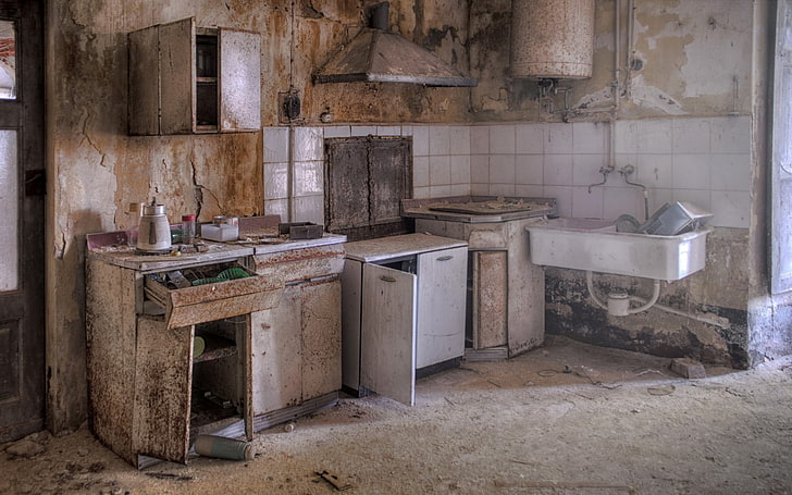 kitchen, interior, ruin, abandoned, domestic room, indoors