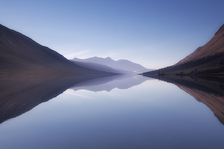 Mist, Mountains, Landscape, Reflections, Loch Etive, 4K, 8K, HD wallpaper