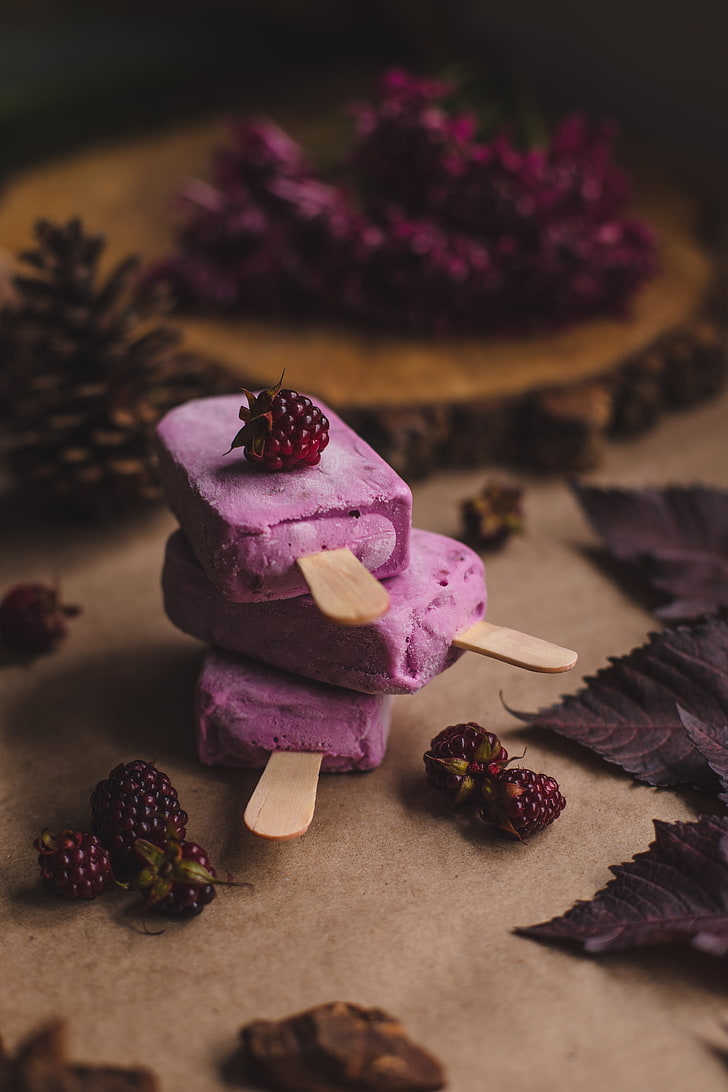 three purple ice drops, ice-cream, raspberry, berries, dessert