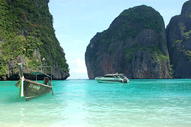 white and black motorboat, thailand, tropics, sea, boats, rocks