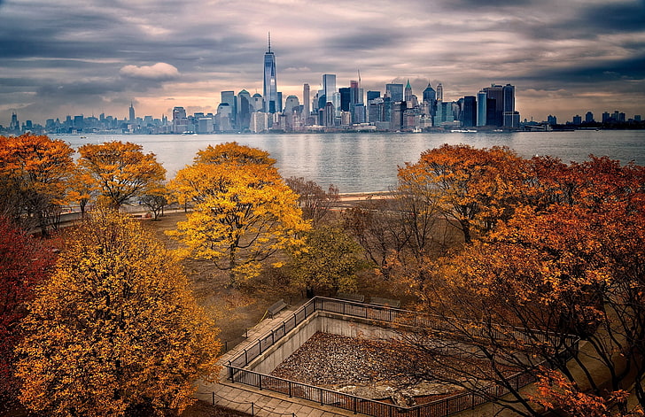 orange leafed trees, fall, sky, USA, New York City, Manhattan, HD wallpaper