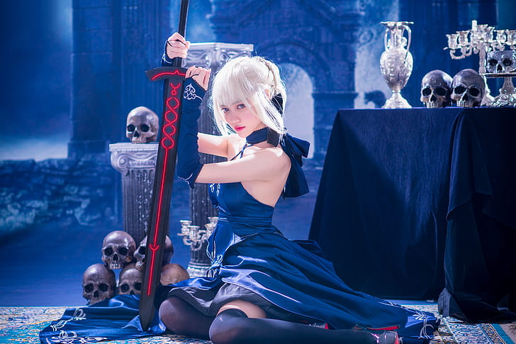 look, girl, blue, pose, weapons, table, background, castle