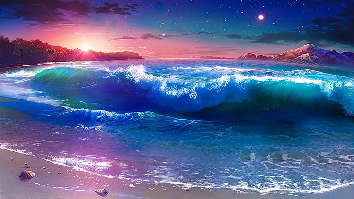 nature, sky, wave, sea, night, ocean, wind wave, night sky, HD wallpaper
