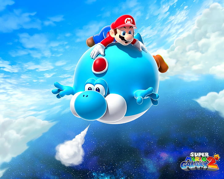 Mario, Air balloon, Yoshi, Blue, Super mario galaxy 2, one person, HD wallpaper