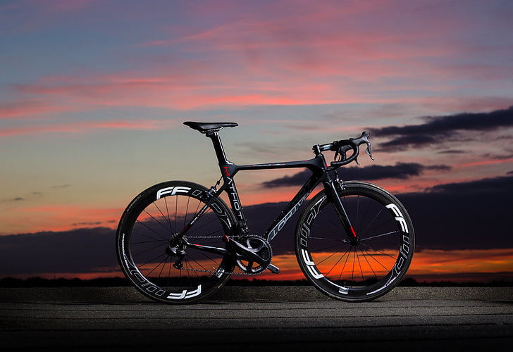 black and gray road bike, the sky, landscape, sunset, carbon