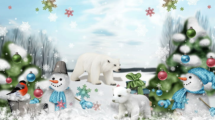 HD wallpaper: Christmas In The North, 2 polar bear and snowman illustration  board | Wallpaper Flare