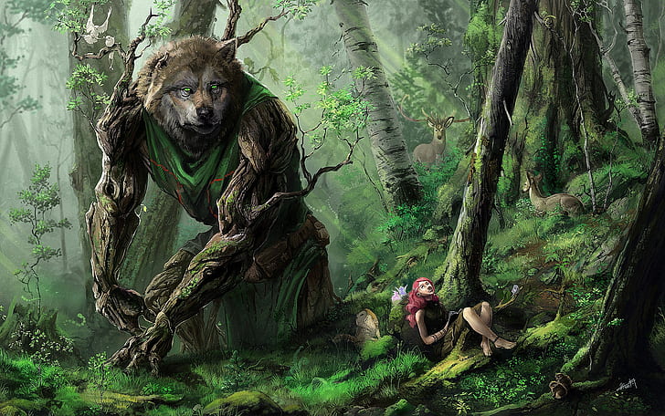 digital art, forest, women, wolf, deer, nature, fantasy art, HD wallpaper
