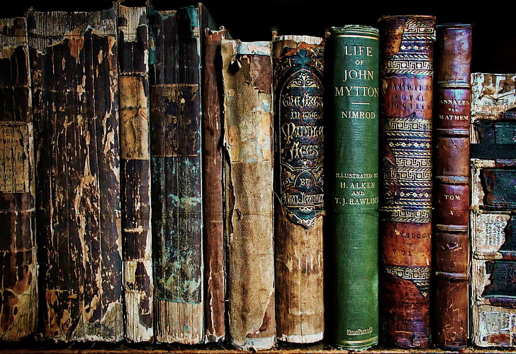 assorted-color books, pile of assorted-title books, old, macro, HD wallpaper