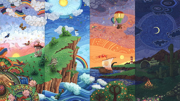 dreamland, fantasy art, rainbow, hot air balloon, imagination, HD wallpaper