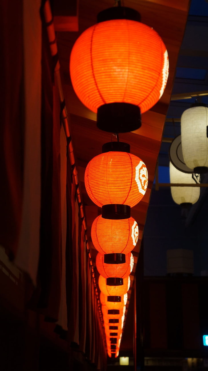 round paper lantern lot, Japan, lighting equipment, in a row, HD wallpaper