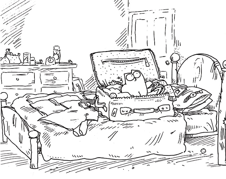 bed illustration, cat, room, figure, watch, humor, ball, the door, HD wallpaper