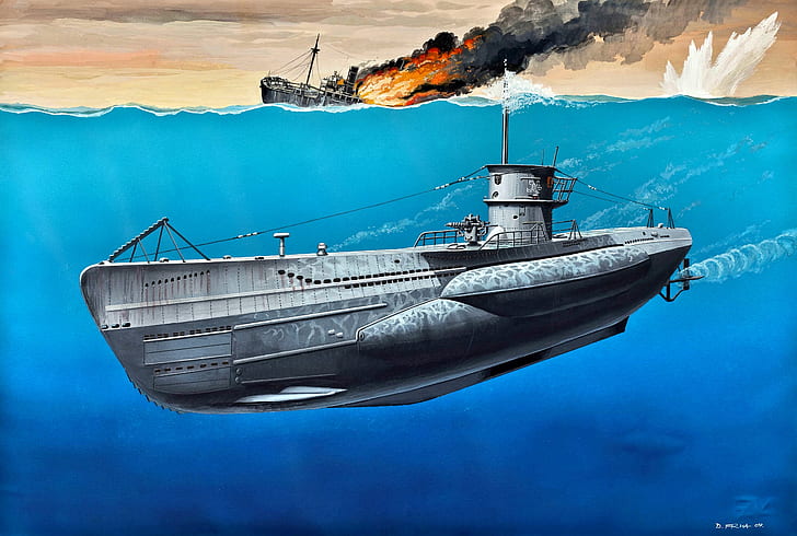 German, art, painting, submarine, VIIC, WWII, Type, U-Boot, HD wallpaper
