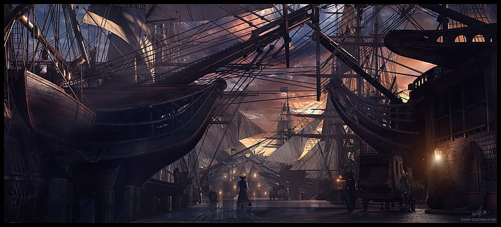 ship lot during golden hour game digital wallpaper, ports, harbor