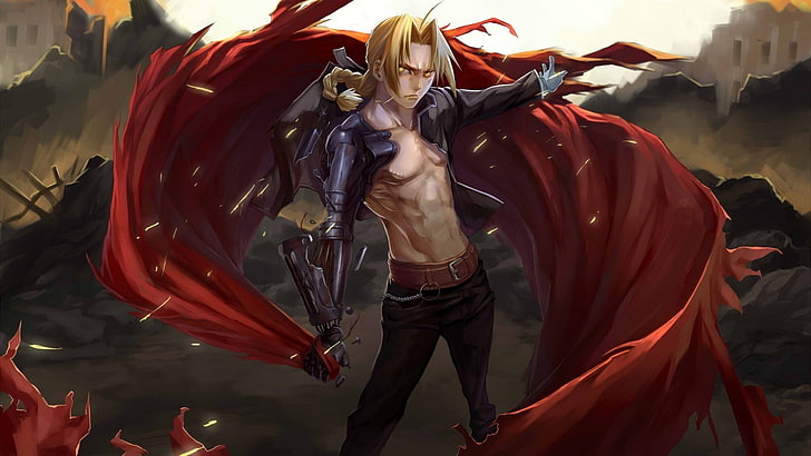 Fullmetal Alchemist: Brotherhood, Elric Edward, shirtless, cloaks, HD wallpaper