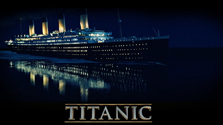 black and white cruise ship with text overlay, titanic, water