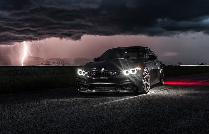 black BMW sedan, Light, Clouds, Night, F80, Lighting, LED, cloud - sky