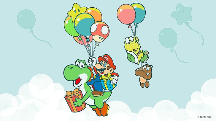 Mario, Yoshi, Koopa, Goomba, balloon, presents, HD wallpaper