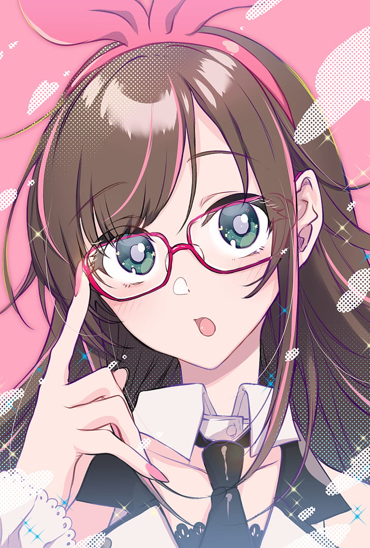 anime, anime girls, brunette, green eyes, glasses, simple background, HD wallpaper
