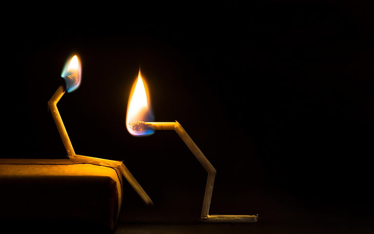 two safety match sticks, creativity, humor, matches, fire, burning, HD wallpaper